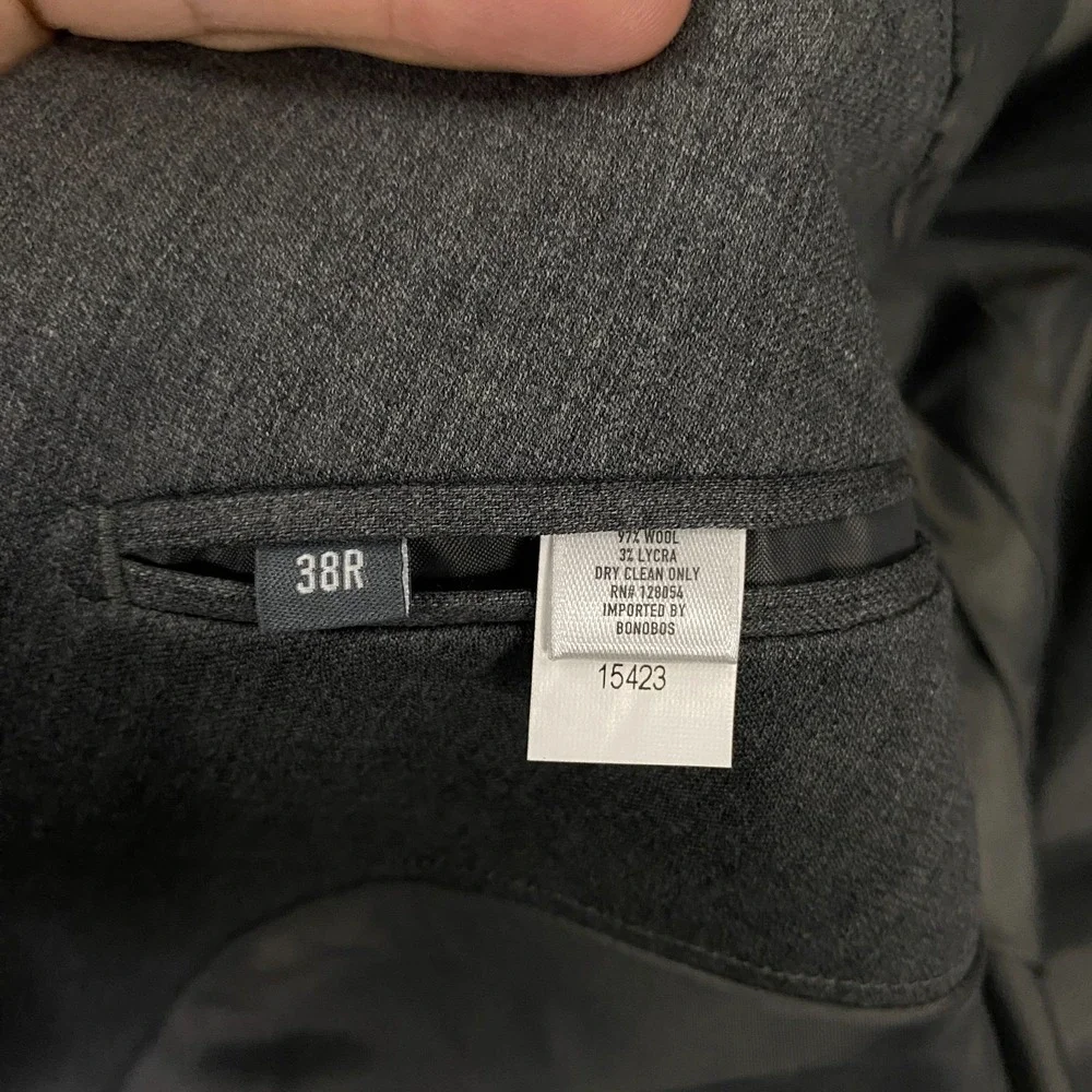 Bonobos Jetsetter Wool Suit 38R Slim Fit 32x34 Solid Gray Stretch 2 Piece